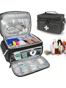 便携式医疗储物袋，家庭急救箱，户外旅行露营探险便携式急救箱，防水，适用于家庭、学校、办公室、汽车、旅行、户外、露营、徒步旅行的紧急医疗护理工具 - 黑色 - 查看 7