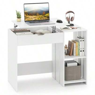 Lift Top Computer Desk Modern Office Laptop Desk With Hidden Compartment And 2 Open Storage Shelves Study Writing Table Workstation With Metal Lifting Mechanism For Home And Office White