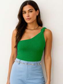 Women's Cropped Blouse Modal Tricot One Shoulder Mule Manca Hole Side Knot Summer Premium - 綠色 - 查看 3