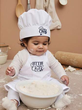 海军蓝刺绣厨师摄影服装，白色厨师帽和围裙套装，婴幼儿摄影服