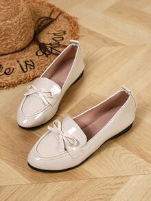 Women's Fashion Round Toe Bow Slip-On Shoes, Comfortable Commuting Versatile Ballet Flat Shoes, Suitable For Spring And Autumn, Plus Size - Apricot - View 3