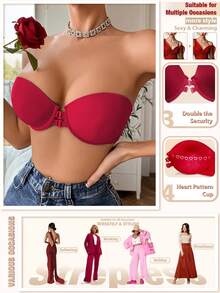 Áo ngực không dây cài trước, nâng ngực cho nữ, họa tiết trái tim, hở lưng, đồ lót không dây vô hình, đồ lót gợi cảm có dây đeo có thể điều chỉnh, áo ống, tuyệt vời cho váy hở lưng, áo ngực có gọng chống trượt, chống lộ - Đỏ - Xem 3