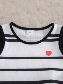 2pcs Girls Casual Striped Heart Print Sleeveless Top And Shorts Set, Summer - Black - View 3