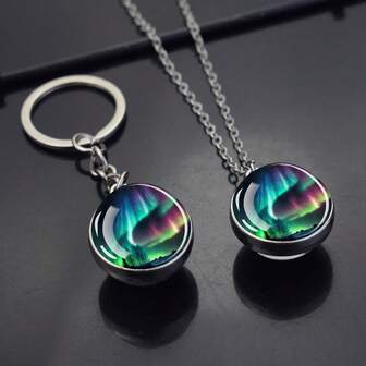 1 Set de Collar y Llavero con Bola de Cristal Aurora, Conjunto de Joyas de Pareja con Colgante Celestial, Regalo de Cumpleaños