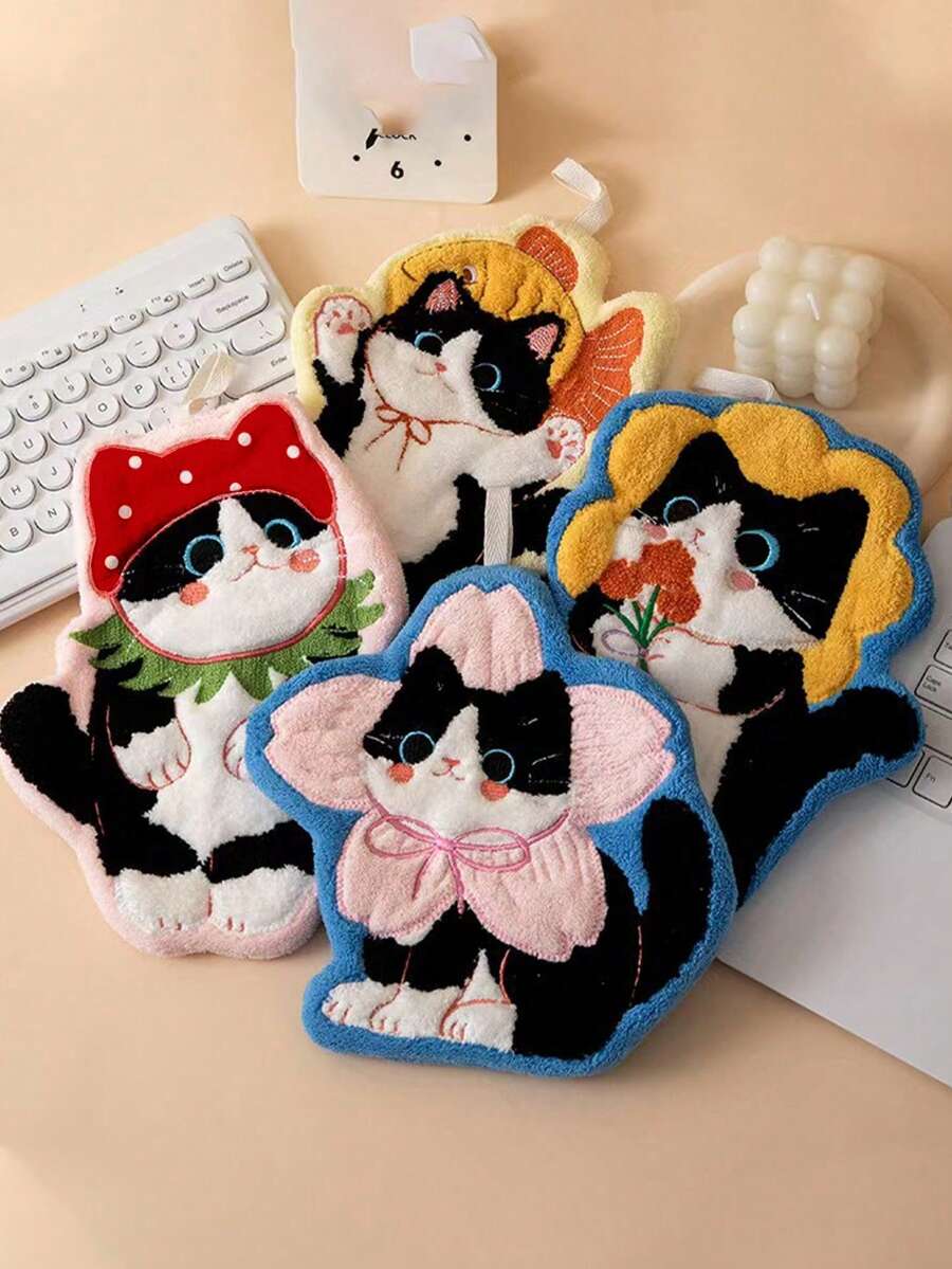 4pcs/1pc Cute Cat Plush Towel, Super Absorbent Hand Towel, Hanging Bathroom Kitchen Decorative Towel, Absorbent & Easy To Clean, Personalized Towel - Multicolor - View 1