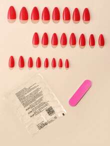 24片/套 短款杏仁形优质红色美甲贴纸，营造新年氛围，包含1个指甲锉和1瓶凝胶指甲油，美甲用品 - 紅色 - 查看 3