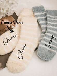 Custom Embroidered Name Women's Stockings, ,Festive Velvet Socks,White Fuzzy Embroidered Festive Socks,Autumn/Winter Women Heart Embroidery Mink Plush Socks, Hand Washable Holiday Socks,Christmas Stockings,Chic Fall And Winter,Valentine's Day, Christmas, And Thanksgiving,Her, Fall, Chic Fall And Winter - Multicolor - View 2