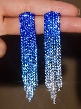 1 Pair Ombre Rhinestone Curved Tassel Earrings, Luxury Elegant Sophisticated Fashion Jewelry For Women