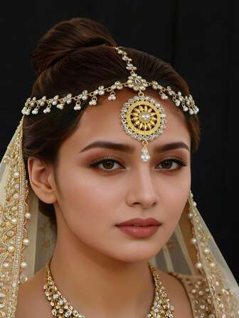 Exquisite Rhinestone Wrapped Design Head Chain,Faux Pearl & Water Drop Pendant Forehead Chain Wedding Accessories Tiaras Head Jewelry Suitable For Women's Weddings, Parties, And Banquets,Festival Gift