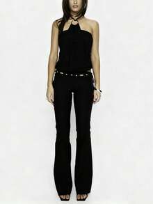 Women Y2K Halter Tank Top Sleeveless Backless Draped Front Going Out Tops Solid Color Back Tie Up Crop Vest Tops Summer Party Club Streetwear Rave Outfit Concert Outfit  Valentines Clothes  Beach Vacation Outfits - 黑色 - 查看 5