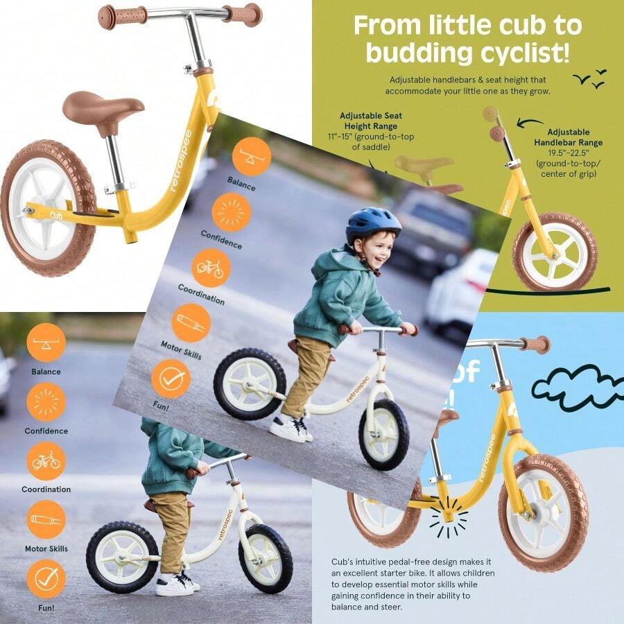 AZQRetrospec Cub 2 - icleta de Equilibrio para s pequeños de 12 Pulgadas de 18 Meses a 3 años sin Pedal para niñas  neumáticos sin s Asiento Ajustable y Marco Duradero - Topinambur - Ver 1