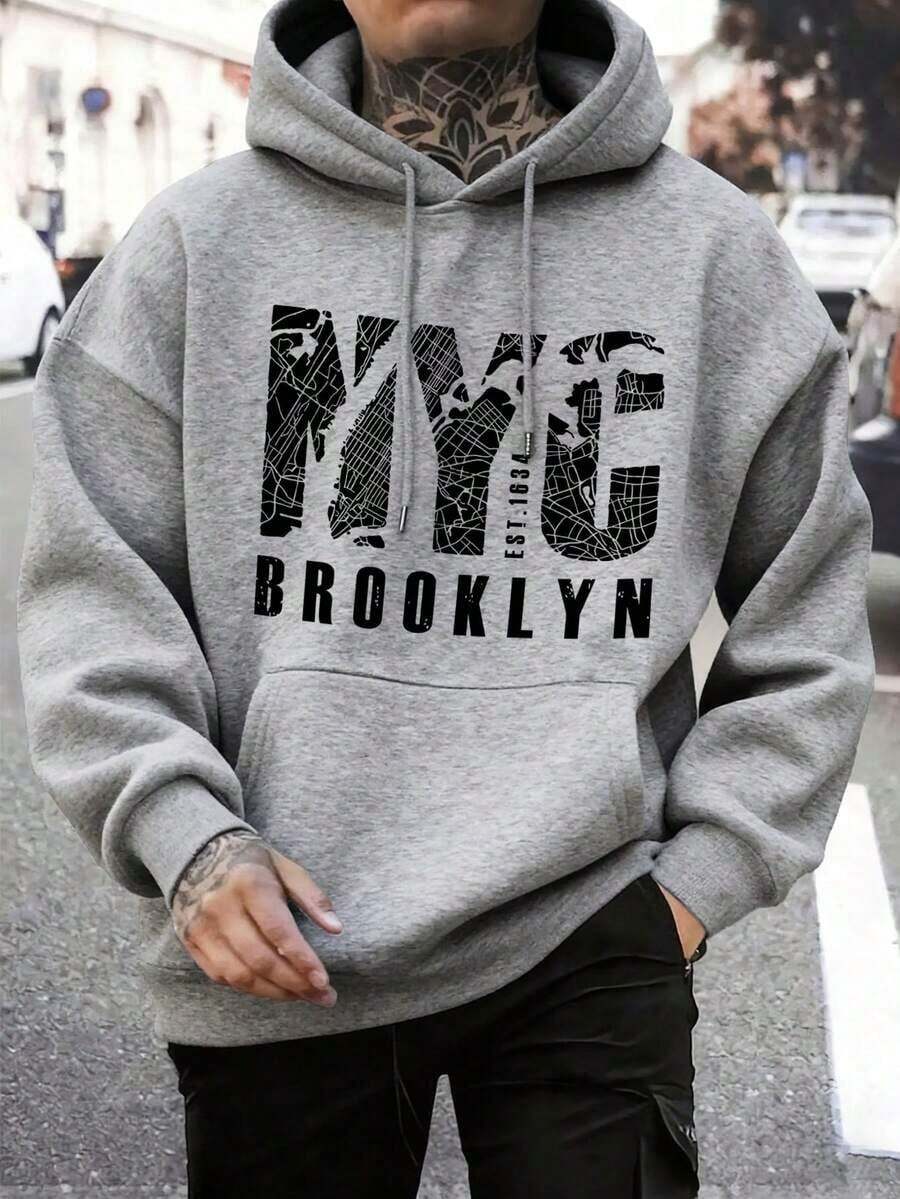 Preppy Lettering Men's Casual Street Hoodie, Drawstring Pocket, Slogan Print, Spring/Autumn, Long Sleeve TopLoose And Comfortable,Casual And Easy-Goin,Valentine's Day Hoodie For Couples,New Years Outfit Women - 灰色 - 查看 1