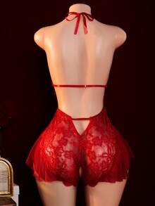 Women's Red Christmas Contrast Lace Backless Sexy Crotchless Bodystocking With Adjustable Straps