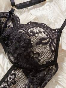 1pc Women's Black Sexy Open-Crotch Lace Bodysuit, Backless Semi-Sheer Bow Romper, Suitable For Private Parties Or Home Use, Seducing Partner, Teasing Partner - Black - View 4