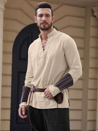 Men's Long Sleeve Shirt With Drawstring Design, Medieval Viking Costume For Festivals And Parties