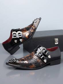 1 Pair Men's PU Leather Shoes With Double Buckle Metal Details, Rubber Sole, Lightweight Flat Heel, Suitable For Business Casual And Parties - Black - View 12