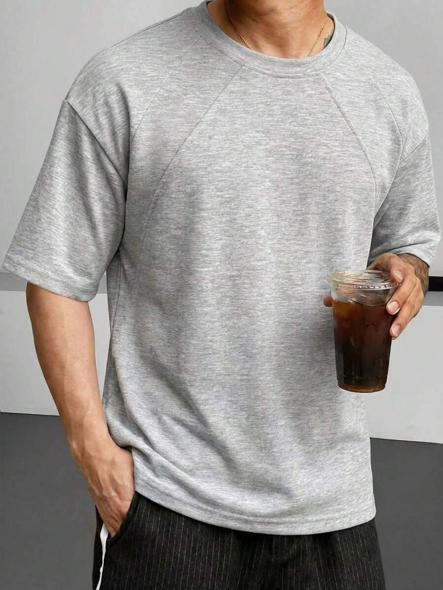 1pc Men's Grey Crew Neck Short Sleeve T-Shirt, Raglan Sleeve Patchwork Design, Knit Fabric Breathable & Soft, Loose Casual All-Match Tee For Daily Wear & Commute - Grey - View 1