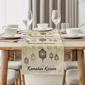 One Piece Set Of Ramadan Themed Table Runner, Elegant Ramadan Golden Lantern Design - Featuring The Letters "Ramadan Kareem" And Lantern Pattern, Durable Polyester Rectangular Tablecloth Suitable For Kitchen, Dining, Party, And Home Decor, Rural Holiday Decoration, With Various Sizes To Choose From, Making It An Ideal Choice As A Gift.