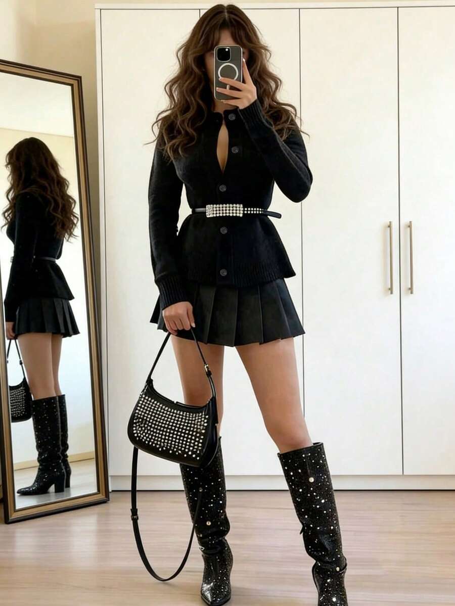 女士时尚宽松休闲舒适纯色图案纯色纽扣设计V领长袖套头毛衣，适合日常通勤、办公穿着和购物，秋冬季女装毛衣，女士毛衣上衣 - 黑色 - 查看 1