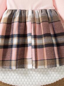 Baby Girls Valentine's Day Red Plaid Cute Bow Plaid Patchwork Ruffle Hem Long Sleeve Dress + Bow Hair Scrunchie - Pink - View 11
