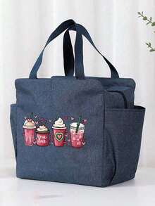 Túi giữ nhiệt in hình bốn món tráng miệng, túi đựng cơm trưa cách nhiệt, với họa tiết trái tim màu hồng và họa tiết "kem, cà phê và bánh ngọt", đi kèm với túi đựng dao nĩa màu đen, một túi đựng cơm trưa hai ngăn. - Nhiều màu - Xem 7