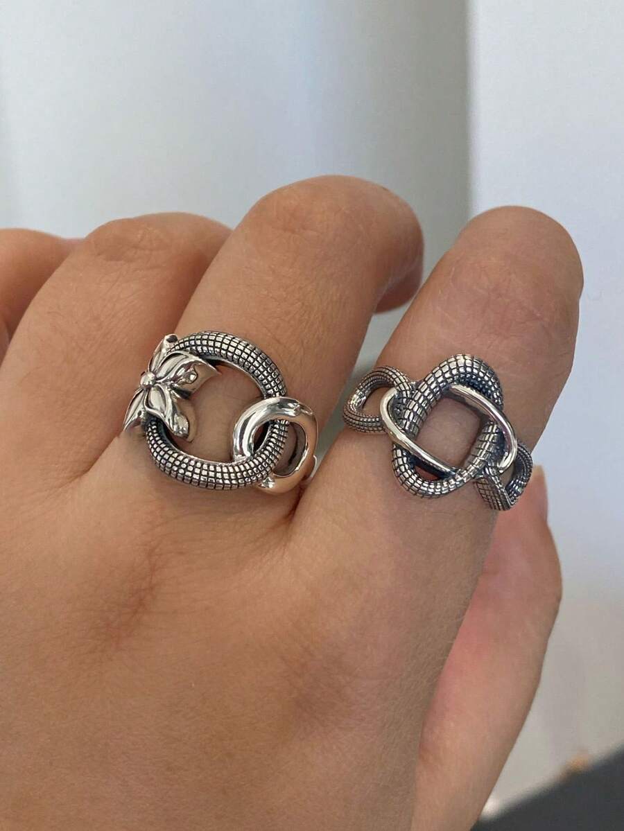 2 Peças Anel de Flor Punk Vintage para Mulheres, Novo Presente de Joias de Festa de Aniversário Artesanal Geométrico Oco e Criativo de Moda - Prata - Visão 1