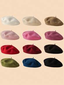 1 pièce Béret de couleur unie, casquette polyvalente pour femmes, style de peintre rétro, convient pour l'hiver, l'été, la plage - Multicolore - Voir 3