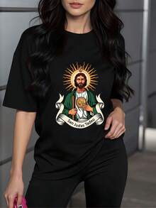 Figure Of Tadeo Holding A Golden Medal, Symbol Of Hope And Faith, In A Green Cloak With A Radiant Halo. Women's T-Shirt, 100% Soft And Comfortable Cotton. - 黑色 - 查看 1
