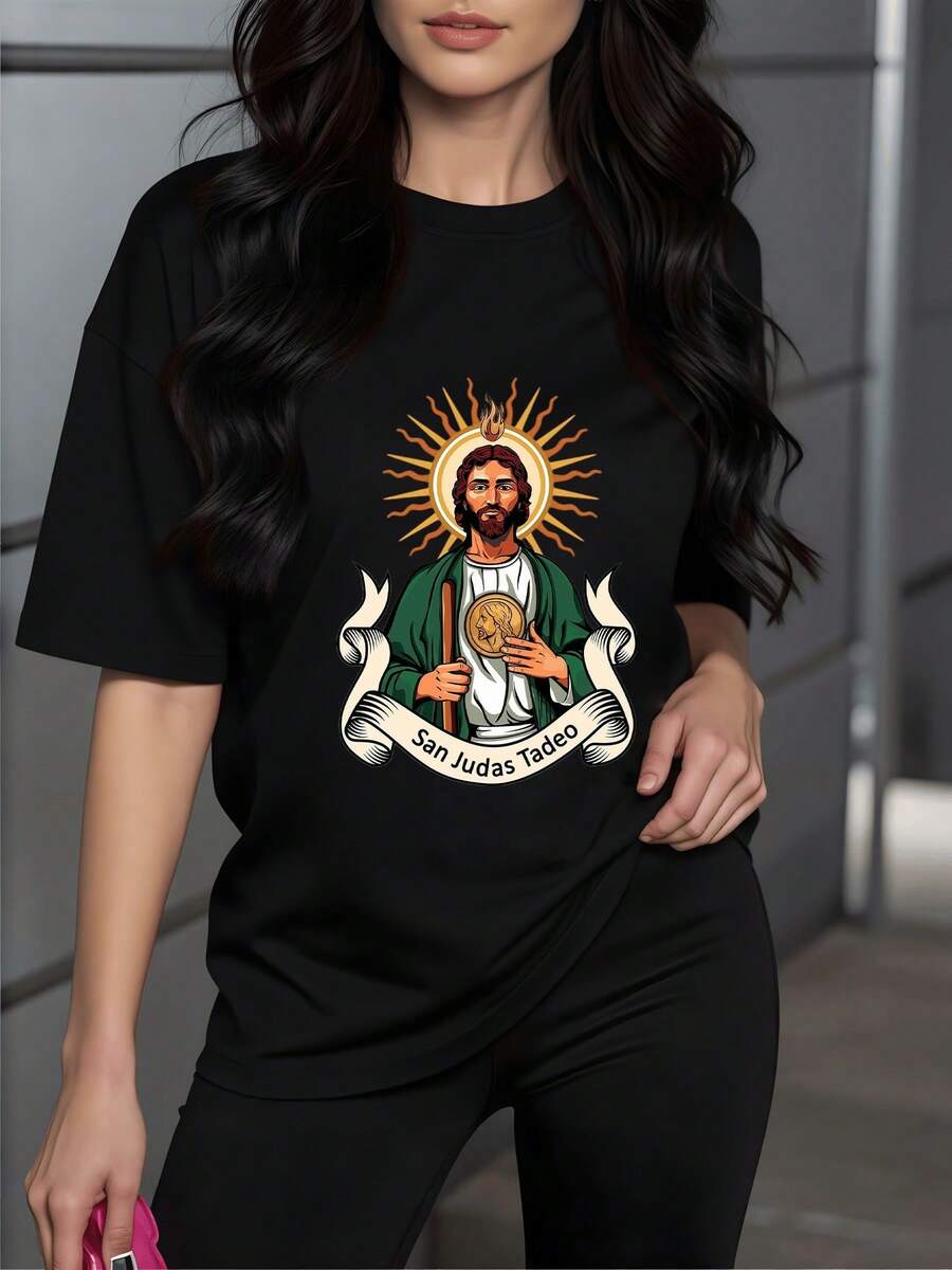 Figure Of Tadeo Holding A Golden Medal, Symbol Of Hope And Faith, In A Green Cloak With A Radiant Halo. Women's T-Shirt, 100% Soft And Comfortable Cotton. - 黑色 - 查看 1