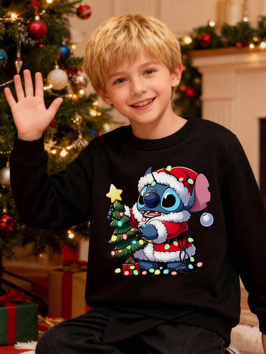 Disney Christmas Element Stitch Pattern Print, Autumn And Winter Children's Round-Neck Sports Hoodie, Suitable For Boys' Daily Play Wear, Long-Sleeved Top, Perfect As A Christmas Gift - 黑色 - 查看 1