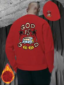 New Year Outfit Women Men Street Style Fashion Crew Neck Sweatshirt God Is Good Car Under Coconut Tree Print Pattern 2025 Autumn Winter Bestselling New  Fashion Long Sleeve Fleece Thickened Essential Classic Basic Style Lazy Style Casual Top Commuting Casual Simple Comfortable Versatile Loose And Comfortable Fall Clothes For Women - Đỏ - Xem 1