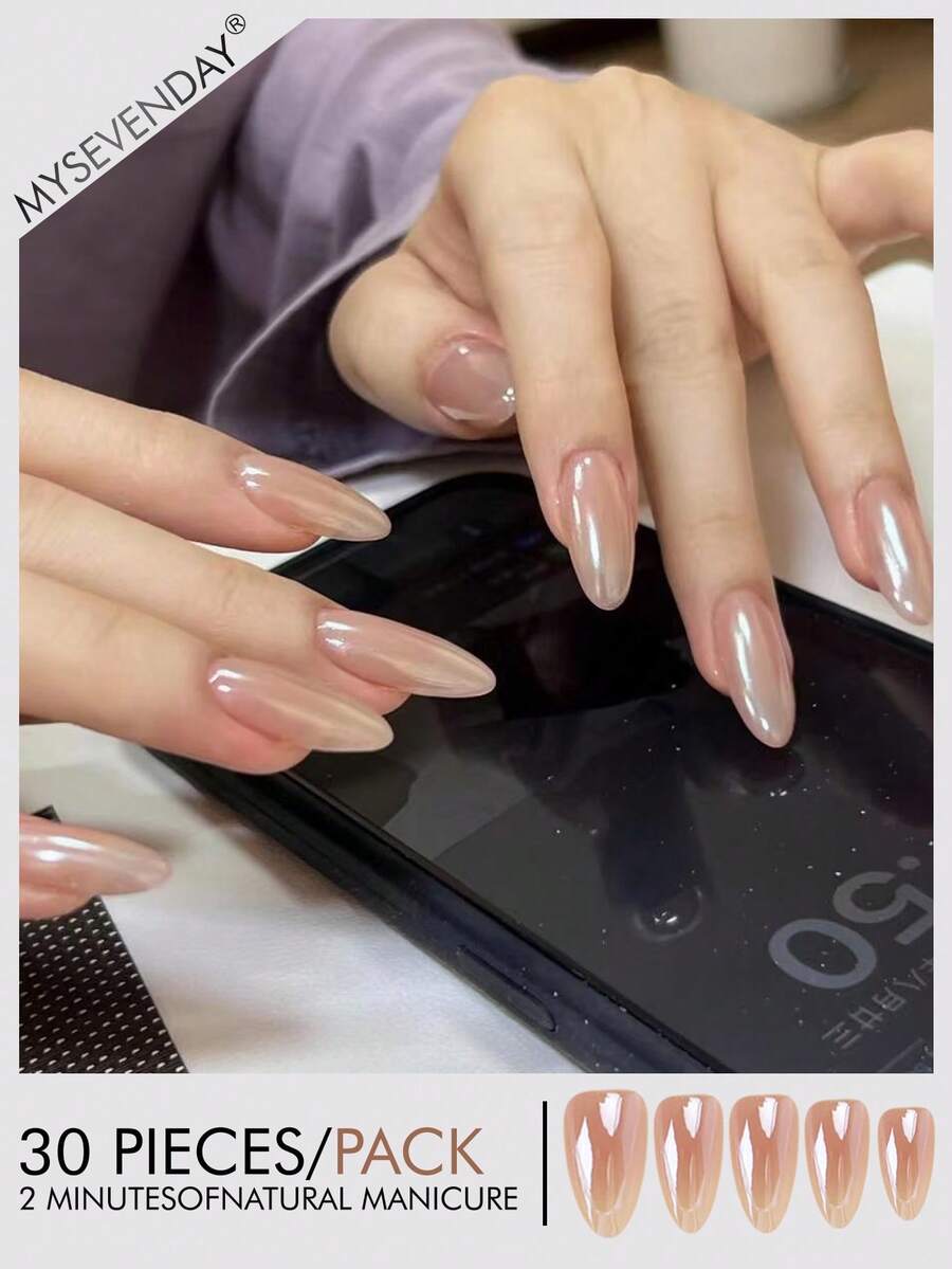 30 Pieces Press On Nails Almond/Electroplating Gradient Nail Plates Enhance Your Elegant/Comes With Jelly Glue And Rubbing Strips Suitable For Aggregation, Reusable For Daily Use Nail Supplies - Multicolor - View 1