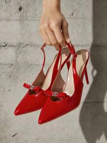 French Style Pointed Toe Slip-On Pumps For Women, Bowknot Decor, Sexy High Heel Closed Toe Shoes - Red - View 5