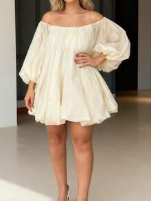 Women Off The Shoulder Oversized Mini Dress Smocked Long Sleeve Ruffle Loose Casual Elegant Bubble Midi Dress - 象牙白 - 查看 3