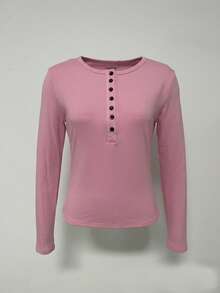 Women's Casual Button Design Long Sleeve T-Shirt, Korean Style, Autumn - Pink - View 6