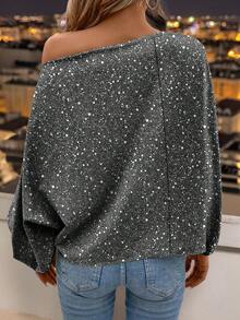 Keke Bloomly Women's Loose Romantic Asymmetric Shoulder Design Flare Sleeve T-Shirt, Unique Shiny Top Made Of Tiny Reflective Sequins, Suitable For Daily Outings, Parties, Back To School Season And Gatherings, Fashionable And Versatile - Grey - View 4