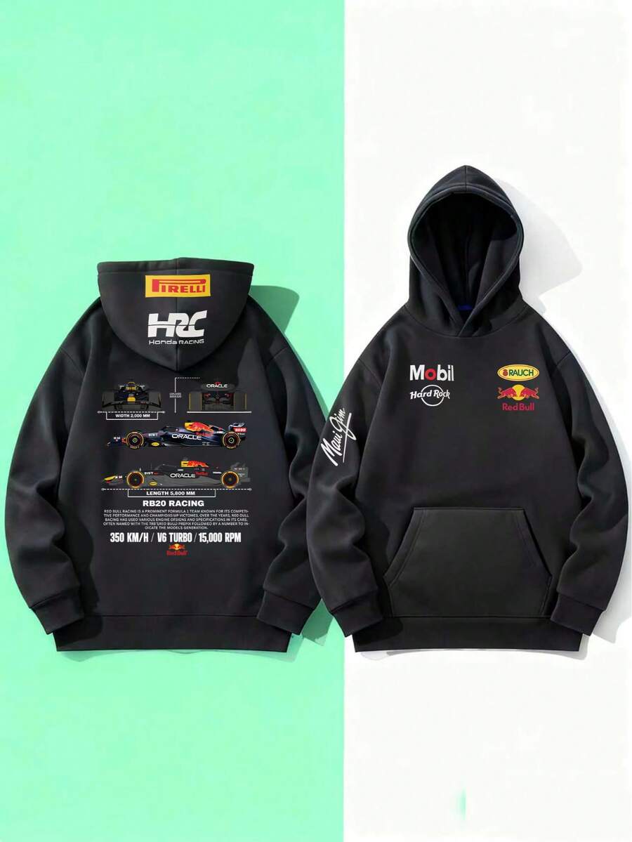 Red Bull RB20 F1 Racing Deconstructed Print Hooded Sweatshirt, Comfortable For Fall/Winter, With Pockets, Washable, Perfect For F1 Racing Fans, Suitable For Everyday, Outdoor, And Party Outings. - 黑色 - 查看 1