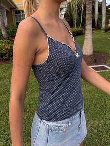 Womens Polka Dot Print Crop Camisoles Tank Tops Spaghetti Straped Deep-V Neck Bow Cami Streetwear Party Clubwear Going Out Tops Vacation Outfits Women, Holiday Outfits Women, New Years Outfits Women - 天藍 - 查看 3