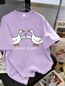 Girls' Cartoon Goose Print Short Sleeve T-Shirt, Girls' Summer Round Neck Blouse - Purple - View 2