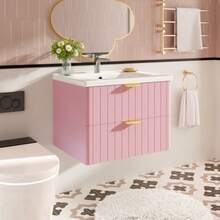 Wall-Hung Vanity Unit With A Single Basin And Double Compartment, Made Of Moisture-Resistant MDF, With A Stain-Resistant Ceramic Basin And An Unlacquered Melamine Surface. Space-Saving And Available In Pink. - Pink and White - View 3