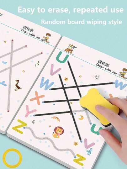 32页/本，可重复使用的练字笔记本，学校练习本，英文字母学习本，蒙特梭利教育本，教育书籍。（不含橡皮擦）（颜色和款式随机）