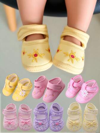 1 par 0-1 år gamla flickskor för barn, rosettdekorerade skor för nyfödda, prinsesslika spädbarnsskor, småbarnsskor, platta mjuka skor för barn