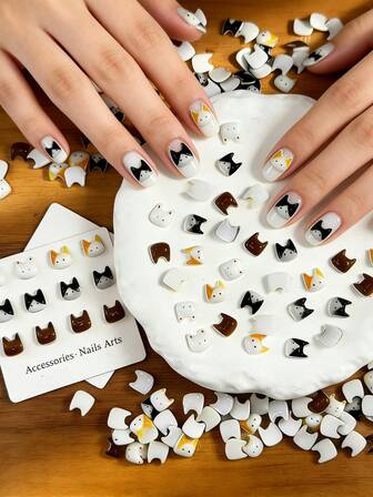 60/30 片装日式猫咪美甲贴片 - 可爱 3D 树脂美甲装饰，适用于按压式美甲
