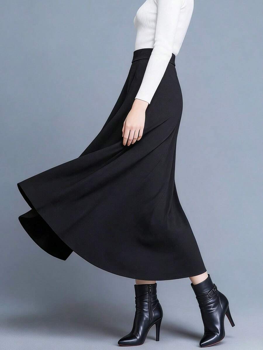 Falda de mujer Nueva colección de bolsillos Falda primavera/otoño Falda favorecedora de cintura alta Falda informal para mujer Falda midi versátil Falda interior Falda larga elegante para mujer Cintura elástica con falda amplia Falda midi lisa Falda midi para mujer - Negro - Ver 1