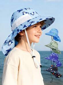 1pc Kids Sun Hat With Neck Protector (Unisex) - Wide Brim UV Protection Bucket Hat, Breathable Mesh Outdoor Beach Hat, Suitable For Children In Summer - Printed Bucket Hat - View 2