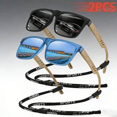 WSZ 2 Pairs Vintage Square Unisex Glasses With Chain, Luxury Brand Designer Fashion Glasses, Pastel Rectangular Glasses For Summer Beach Vacation, Shiny Material, Elegant Aesthetic Holiday Outfit, Classic Driving Fishing Travel Shopping Outdoor Casual Retro Glasses For Men