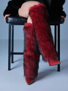 Furry Fluffy Knee High Boots For Women Faux Fur Winter Snow Boots Pointed Toe Stiletto High Heels Sexy Warm Shoes Christmas Party - 紅色 - 查看 2
