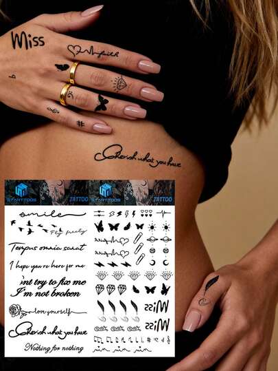 STARTTOOS 2pcs Black Minimalist Finger Tattoo Stickers, Butterfly, Flower, Diamond, Heartbeat, Feather Music Note Patterns, Personalized Small Temporary Tattoos For Fingers, Ears, Shoulders, Neck, Collar, DIY Daily, Party, Holiday Gifts, Waterproof Realistic Body Tattoo Stickers