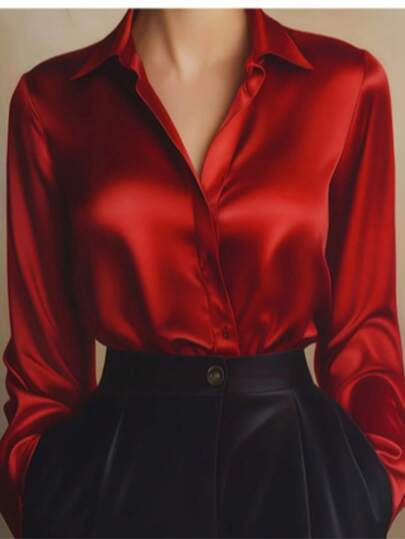 بلوزة أنيقة طويلة الأكمام من البوليستر الأحمر الساتان مع أزرار