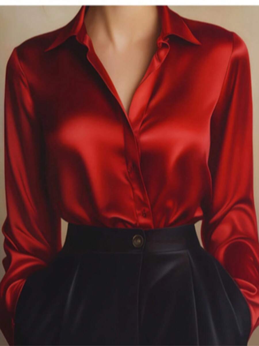 Women's Elegant Red Polyester Satin Long Sleeve Button-Up Blouse